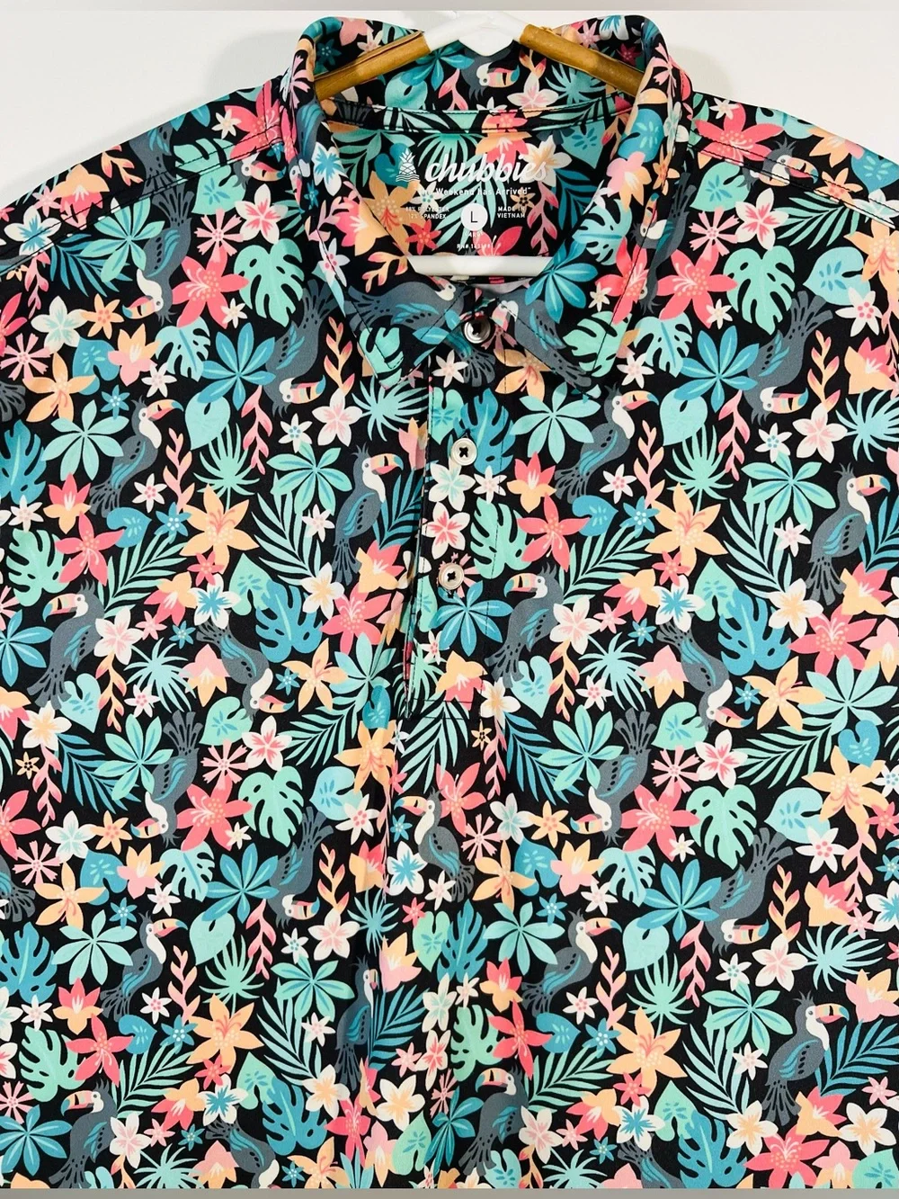 Chubbies Performance Polo Mens The Bloomerang Floral Toucan Tropical Hawaiian L
